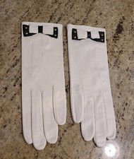 New Vtg Size S 6.5 White Soft Leather Formal 8.5" Gloves Black Bow Brass Studs