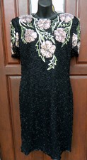 SCALA BLACK BEADED DRESS PINK FLOWERS SZ XL VINTAGE