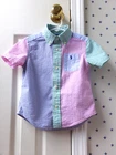 FLAWS Boys Ralph Lauren Seersucker Shirt 2T Pink Color Block Striped Button Blue