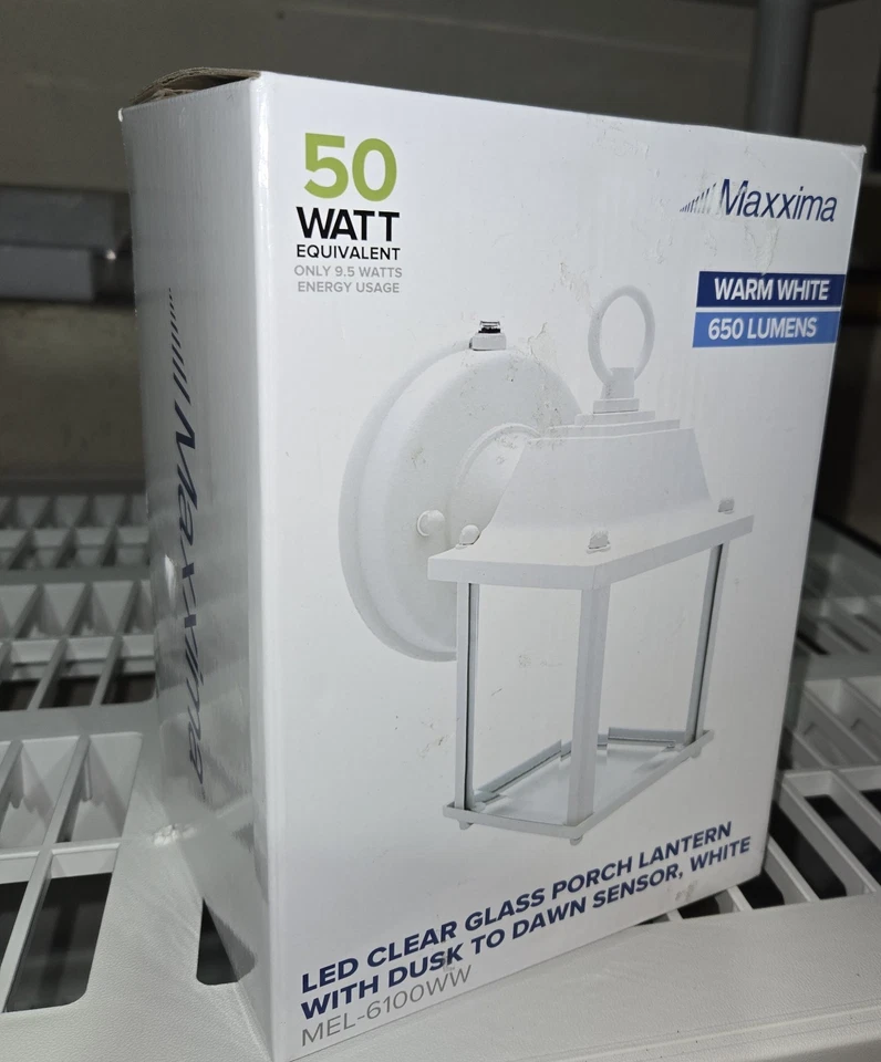 Maxxima 1-Light White LED Outdoor Wall Lantern Sconce w/Dusk to Dawn Sensor NEW - Image 2 of 4