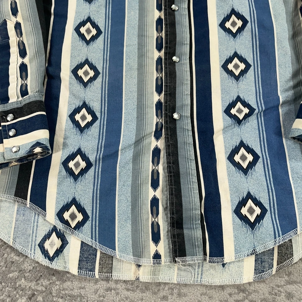 VTG Wrangler Western Shirt Mens 15.5 X 34 Blue Aztec Pearl Snap 90s Made In USA - Image 3 of 4