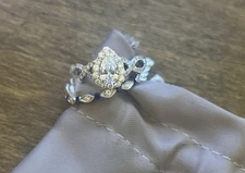 Natural Diamond 1 CTW Pear Halo Ring w Diamond and Sapphire Band White Gold sz 7