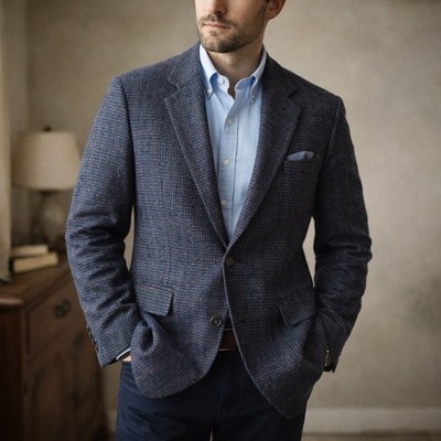 Tweed Blazer Wool Houndstooth Sport Coat Blue Made in Scotland Men XL