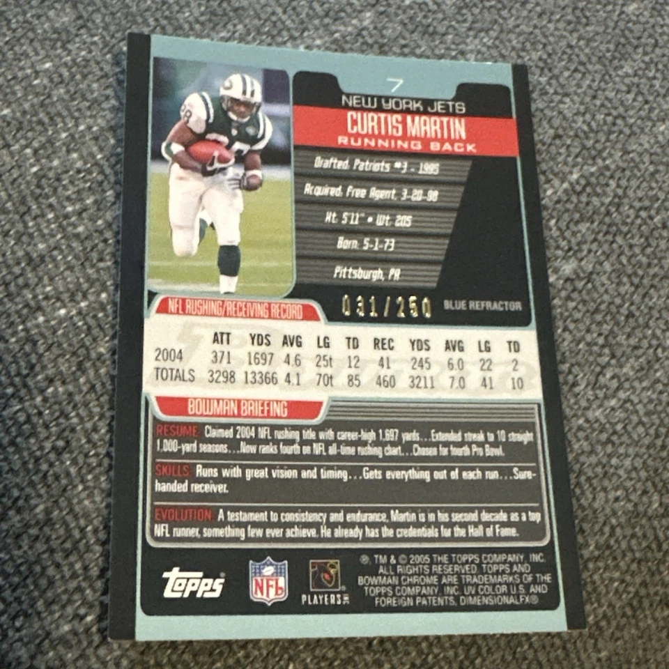 2005 BOWMAN CHROME CURTIS MARTIN #7 BLUE REFRACTOR #031/250 SP RARE!!! - Image 3 of 4
