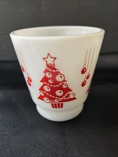 Vintage Hazel Atlas Milk Glass  Holiday Mug Egg Nog Cup Red Christmas Trees