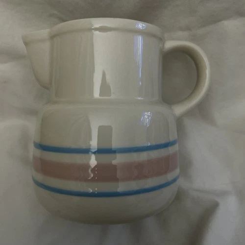 Vtg McCoy Pottery Pink Blue Stripe Band 6” Milk Juice Pitcher Country Farmhouse