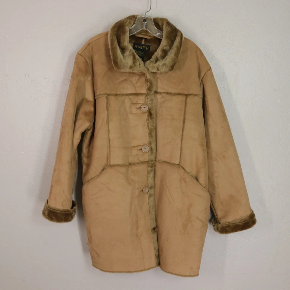 Vintage Komitor Faux Suede Fur Lined Coat Women 2X Brown Sherpa Tan Pockets Soft - Image 2 of 4