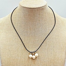 VTG Retro Pearl Triple Drop Choker Necklace Black Cord Silver Tone Minimalist