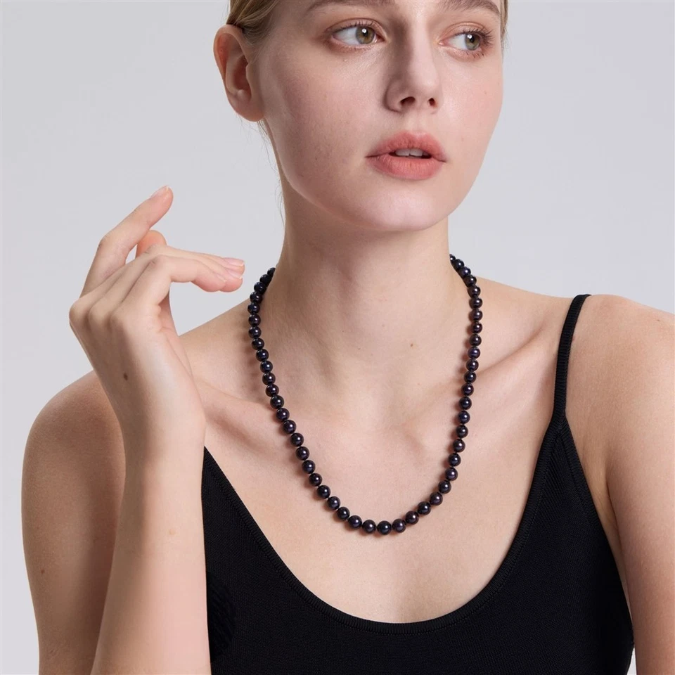 20 Inch Long Genuine ROUND 9-10mm Black Pearl Necklace Cultured Freshwater - Image 3 of 4