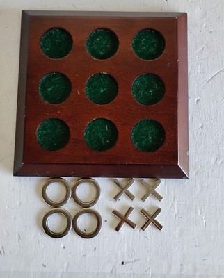 TIC TAC TOE Game-- Solid Wood Game Board w/Goldtone  Xs & Os - 7'' X 7'' X 1'' 
