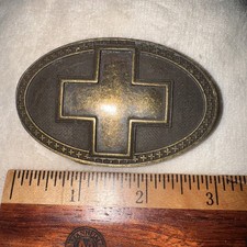 BRUSHED BRASS TONE SMALL OVAL BELT BUCKLE WITH CROSS DESIGN