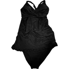 Black 2XL Tankini Swimsuit Set Plus Size Ruched Ruffle Trim Halter Neck
