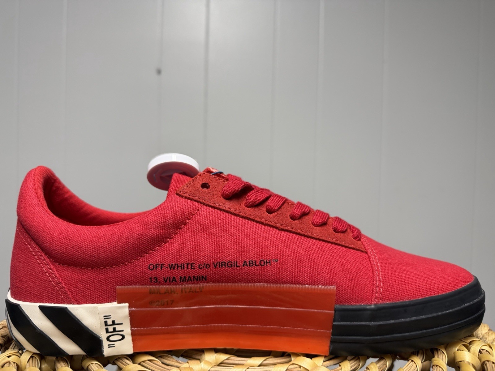 Off-White Vulcanized Striped Low Top Sneaker Red Men’s Size 11.5 EU 45 image 6