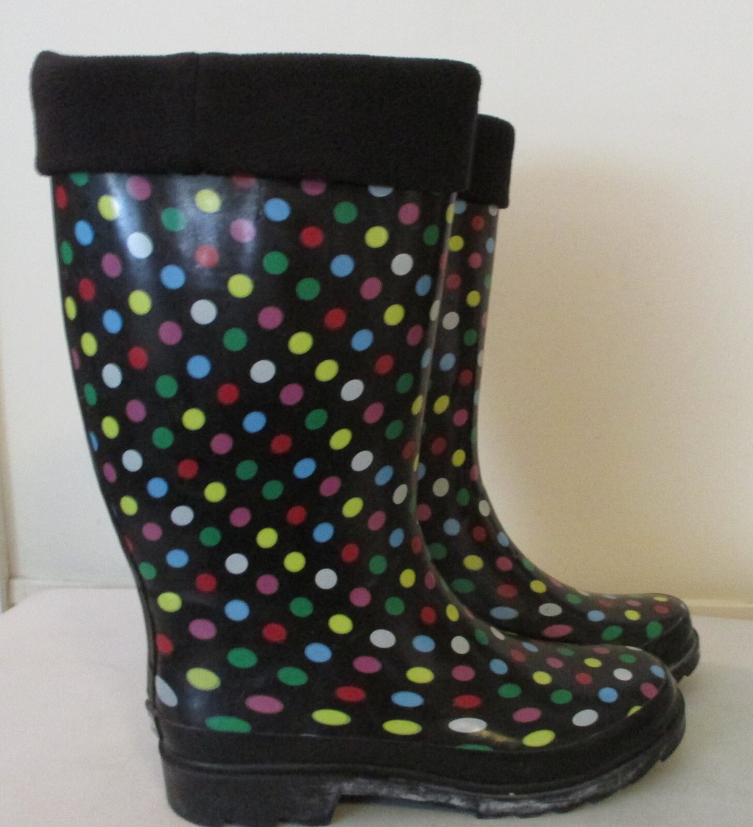 Totes Rain Boots Snow Boots Black w Multi Dots Womens Size Fleece Liners 