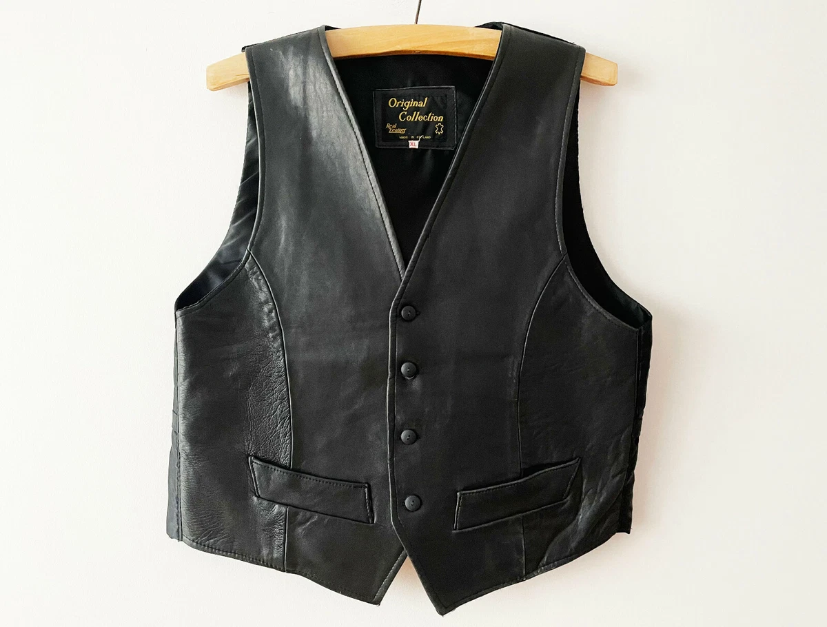Black leather Men vest Genuine leather waistcoat country western