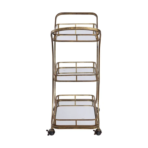 Retro Mid Century Tiered Gold Serving Bar Cart | Mirrored Shelves Rolling Wheels - Picture 6 of 7