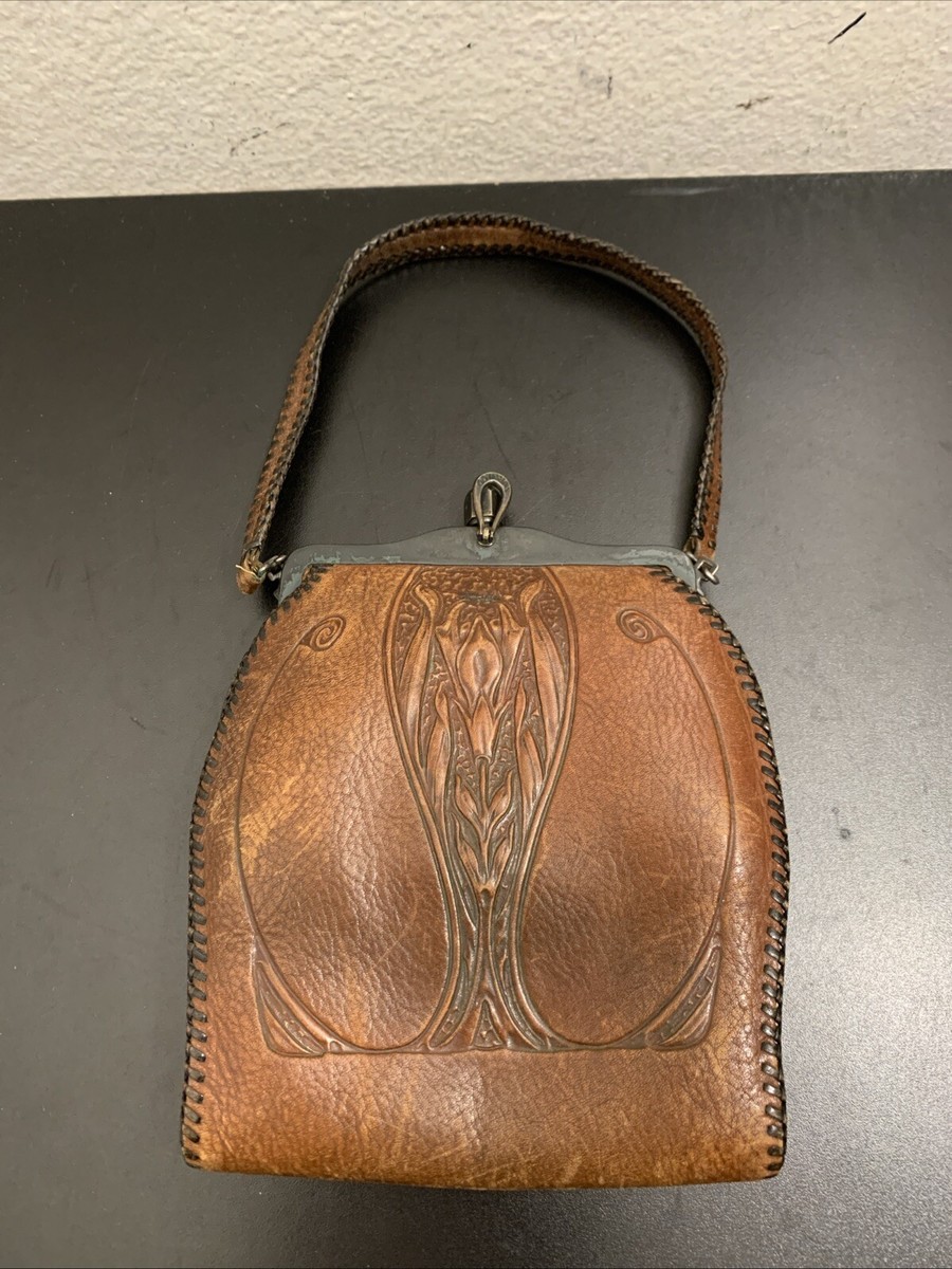 Antique 1900 Art Hand Tooled TurnLoc Leather Handbag Purse | eBay