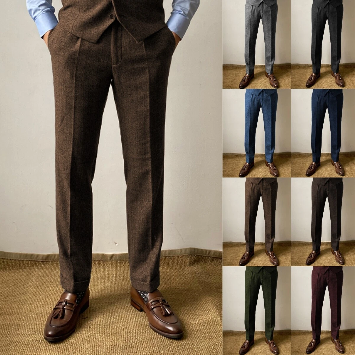 Mens Tweed Dress Trousers Vintage Wool Herringbone Adjustable Waist Pants 28-44