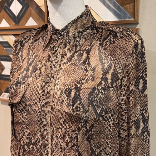 Ralph Lauren Collection Natalie Snakeskin Crepe Button Up Metallic Shirt 2 - Picture 7 of 16