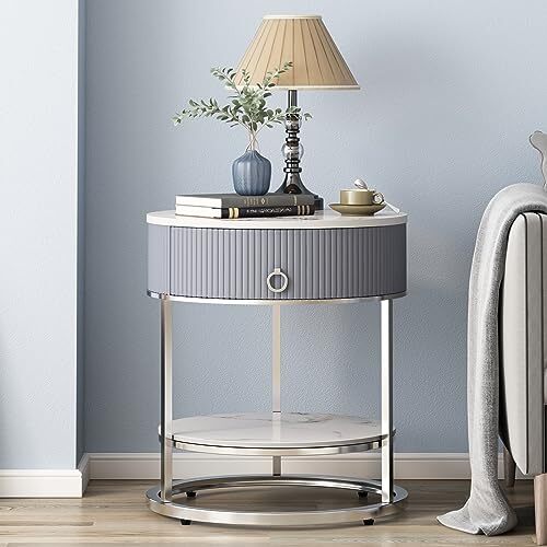 Modern End Table with Drawer, 2 Tier Side Table with Shelf, Round Silver