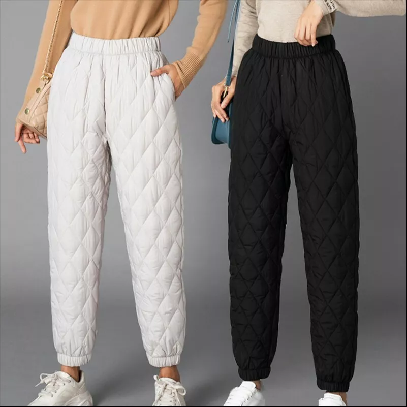 Women Warm Pants Padded Quilted Trousers Elastic Waist Casual Tapered Winter