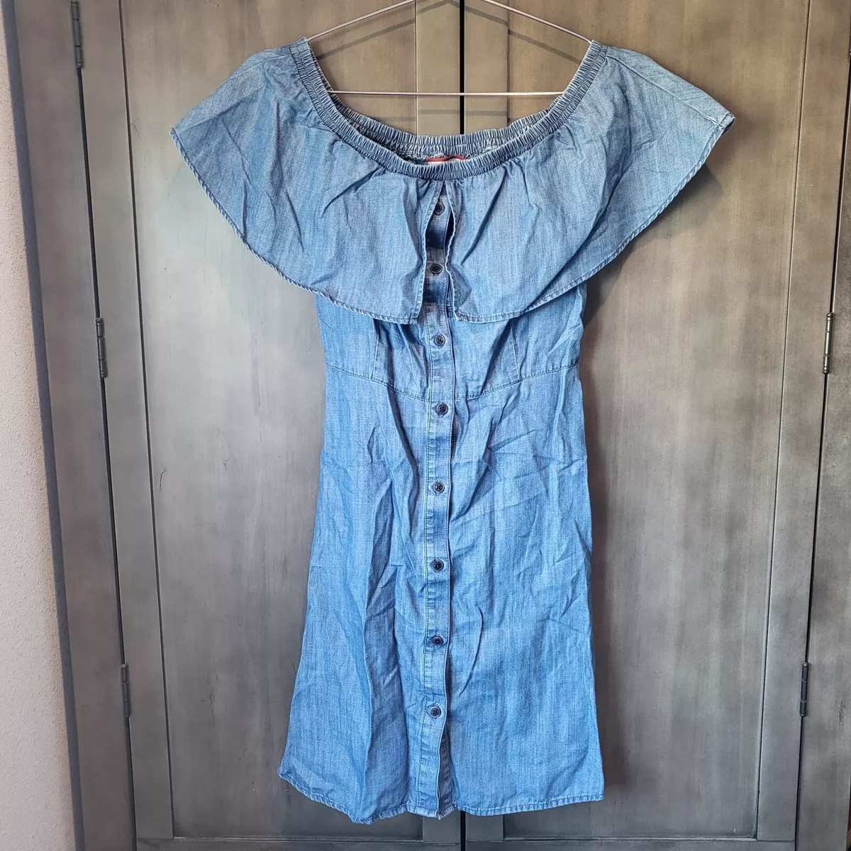 Tommy Hilfiger off the shoulder ruffle chambray denim dress button