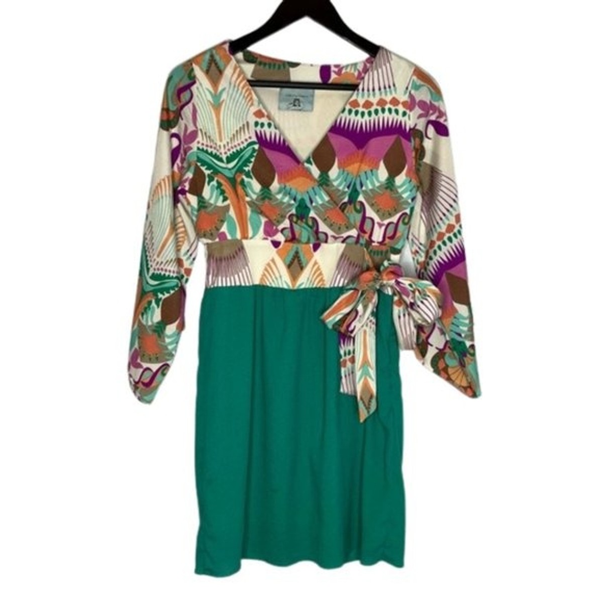 Judith March Size Medium Funky Print Surplice Mod Green A-Line Dress