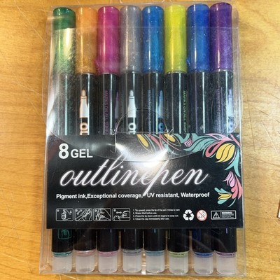 8 Gel Multi Color Outline Pens Water Based Ink New