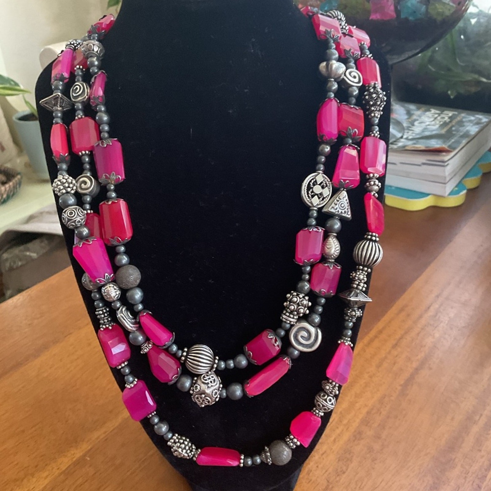 Vintage Lab Ruby Three Strand Statement Necklace - image 2