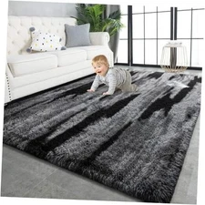  Super Soft Shaggy Rugs Fluffy Carpets, 4x5.9 4' x 6' (Rectangular) Black Gray