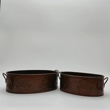 Copper/ Brass Color Metal  Planters Embosed  With Flowers 10x7 & 8x6