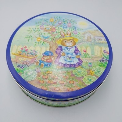 Round Metal Candy Cookie Treat Tin Bunnies Garden Spring Easter 6.5''