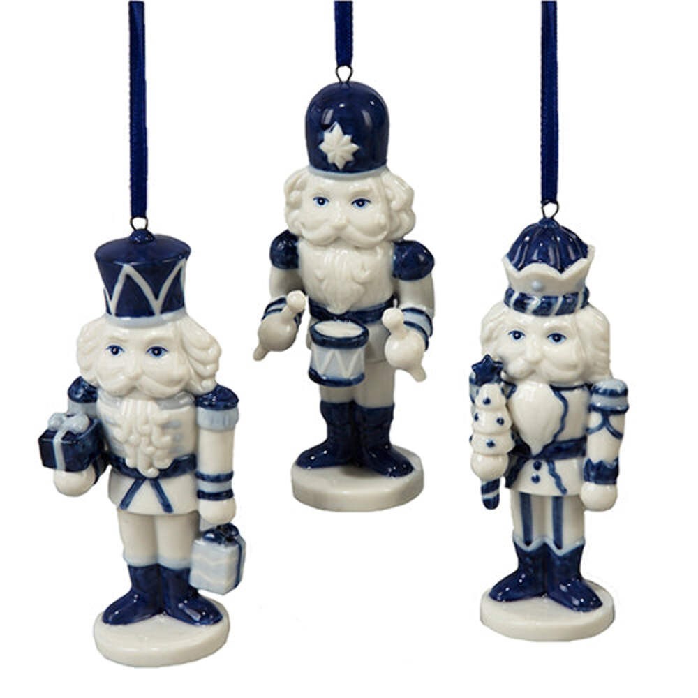 Delft Blue Porcelain Nutcracker Ornament 4" Set of 3