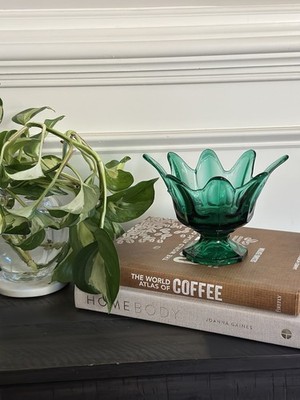 Vintage Viking Glass Green Pedestal Bowl | MCM Lotus | 8 Petal Handkerchief