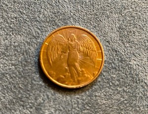 Vintage Gold Toned French Guardian Angel Medal Double Sided Religious Coin