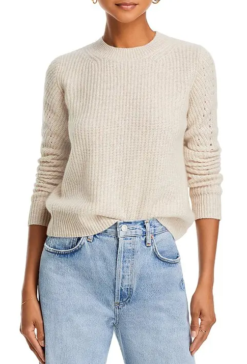 Aqua Cashmere Oatmeal Beige Ribbed Crewneck Sweater - Medium - retail $188