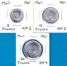 1961 Mali 3-coin set (5-, 10- & 25-Francs) [Kremnica Mint] hippo, horse & lion
