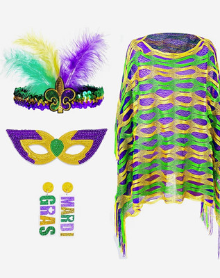 Mardi Gras Accessory Set Green Purple Gold Poncho Mask Feather Headband Earrings