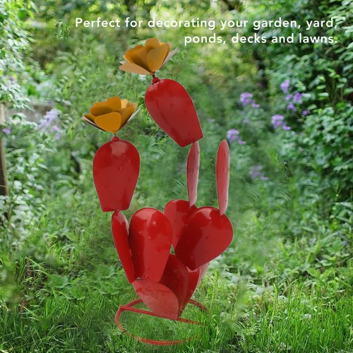 (Red)Metal Prickly Pear Cactus With Flowers Iron Rustic Cactus Statue New - Picture 3 of 12