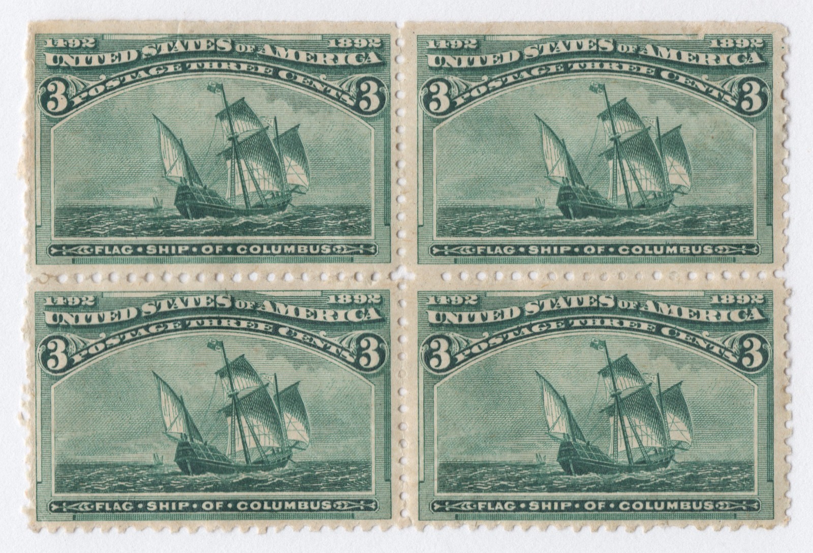 US # 232 *MINT POG H* { 3c COLUMBIAN BLOCK OF 4 } FLAG SHIP OF COLUMBUS OF 1893