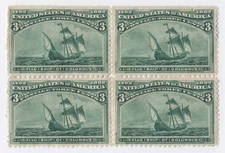 US # 232 *MINT POG H* { 3c COLUMBIAN BLOCK OF 4 } FLAG SHIP OF COLUMBUS OF 1893