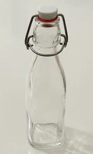 Small GLASS MILK BOTTLE with Wire Clip Top Clear 8" Farmhouse Square Bottom -O