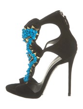 GIUSEPPE ZANOTTI Black Suede Crystal T-Strap Pumps Size 7 IT 37 Very Good Cond.