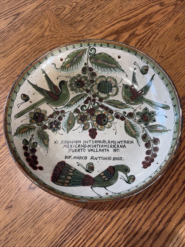 KEN EDWARDS Tonala Mexican Pottery Dish Platter Green Quail Butterfly 11”