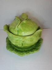 Vintage 1970s Ceramic Holland Mold Cabbage Bowl W Lid And Under Plate Farmhouse