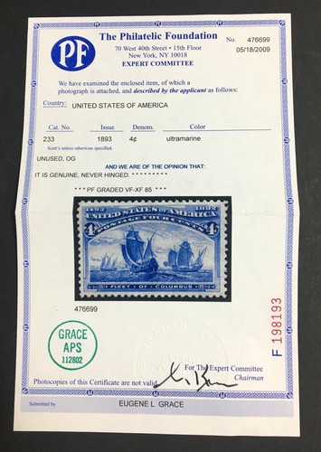 MOMEN: US STAMPS #233 MINT OG NH PF GRADED CERT VF/XF-85 LOT #89100 - Picture 2 of 3