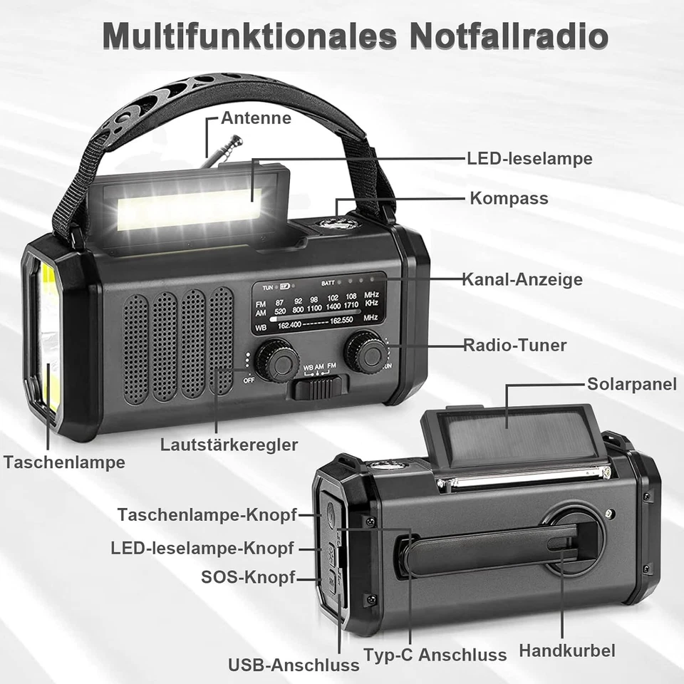Kurbelradio 10000mAh Solar Radio Power Bank Camping Lampe Kompass Licht SOS F179 - Bild 3 von 4