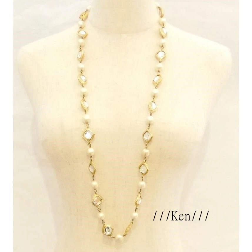 CHANEL Necklace Pendant choker Chain AUTH Rare G Fake Pearl × Rhinestone 96cm