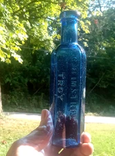 OPEN PONTIL 1850 C.HEIMSTREET TROY,NY COBALT 8 SIDED HAIR COLORING BOTTLE MINT