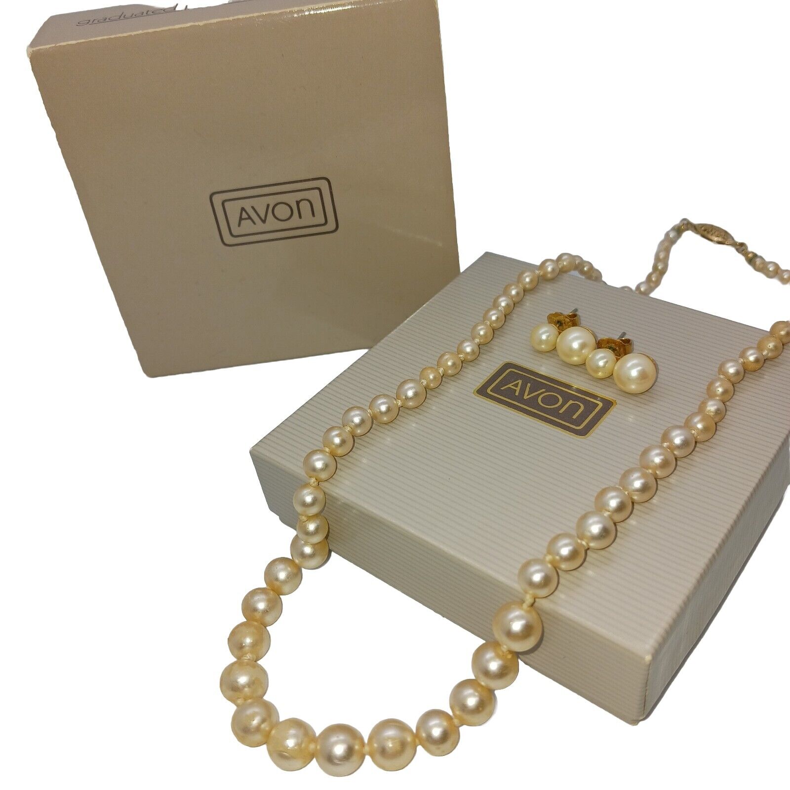 Avon Vintage Faux Pearl Graduated Necklace Gold Tone 20" & Matching Earrings 